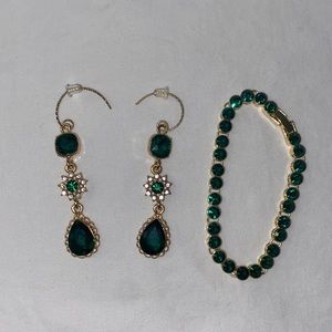 Faux Gold & Emerald earring and bracelet set.Fashion Jewelry.